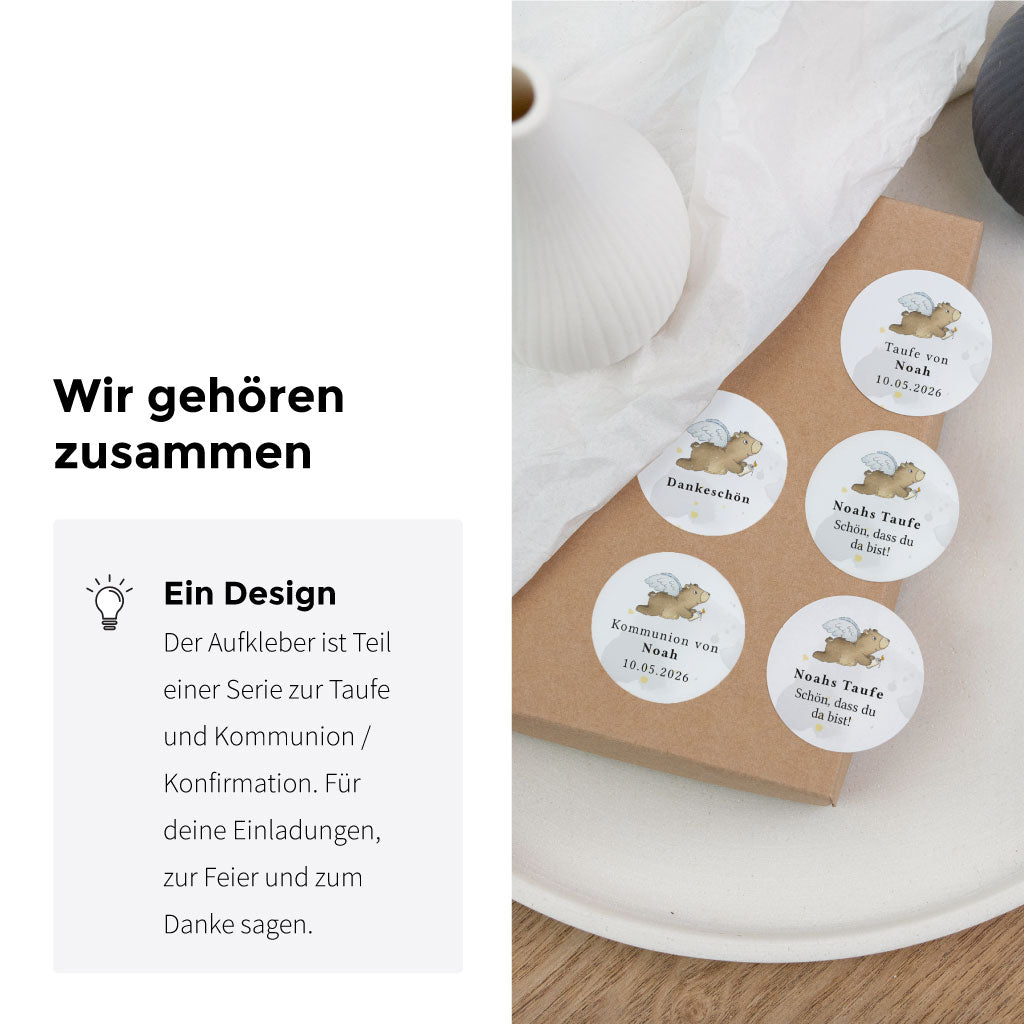 Aufkleber Serie mit Engel-Bär für Taufe, Kommunion und Konfirmation, abgestimmt auf weitere Papeterie und Dankesideen