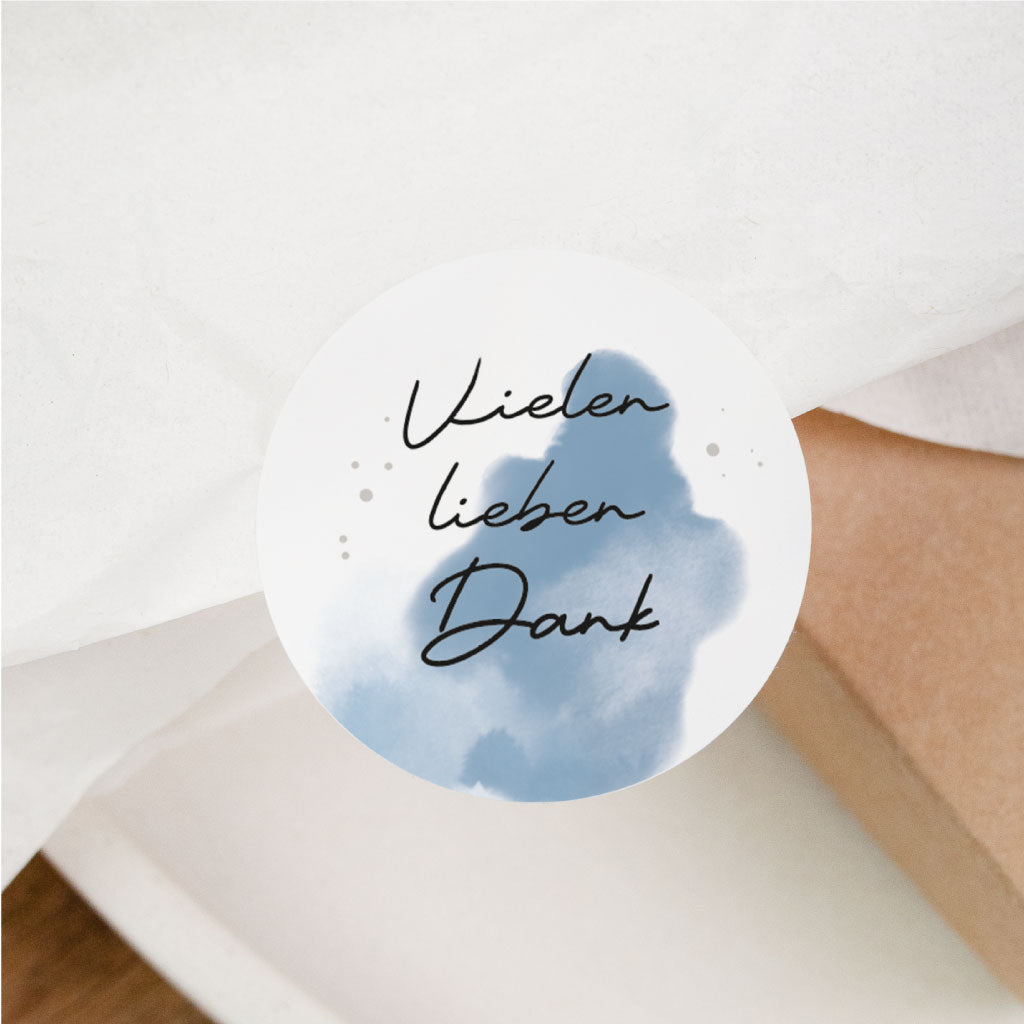 Aufkleber Vielen lieben Dank rund – Sticker zum Danke sagen mit blauem handgemaltem Motiv für Gastgeschenke und Geschenkverpackung