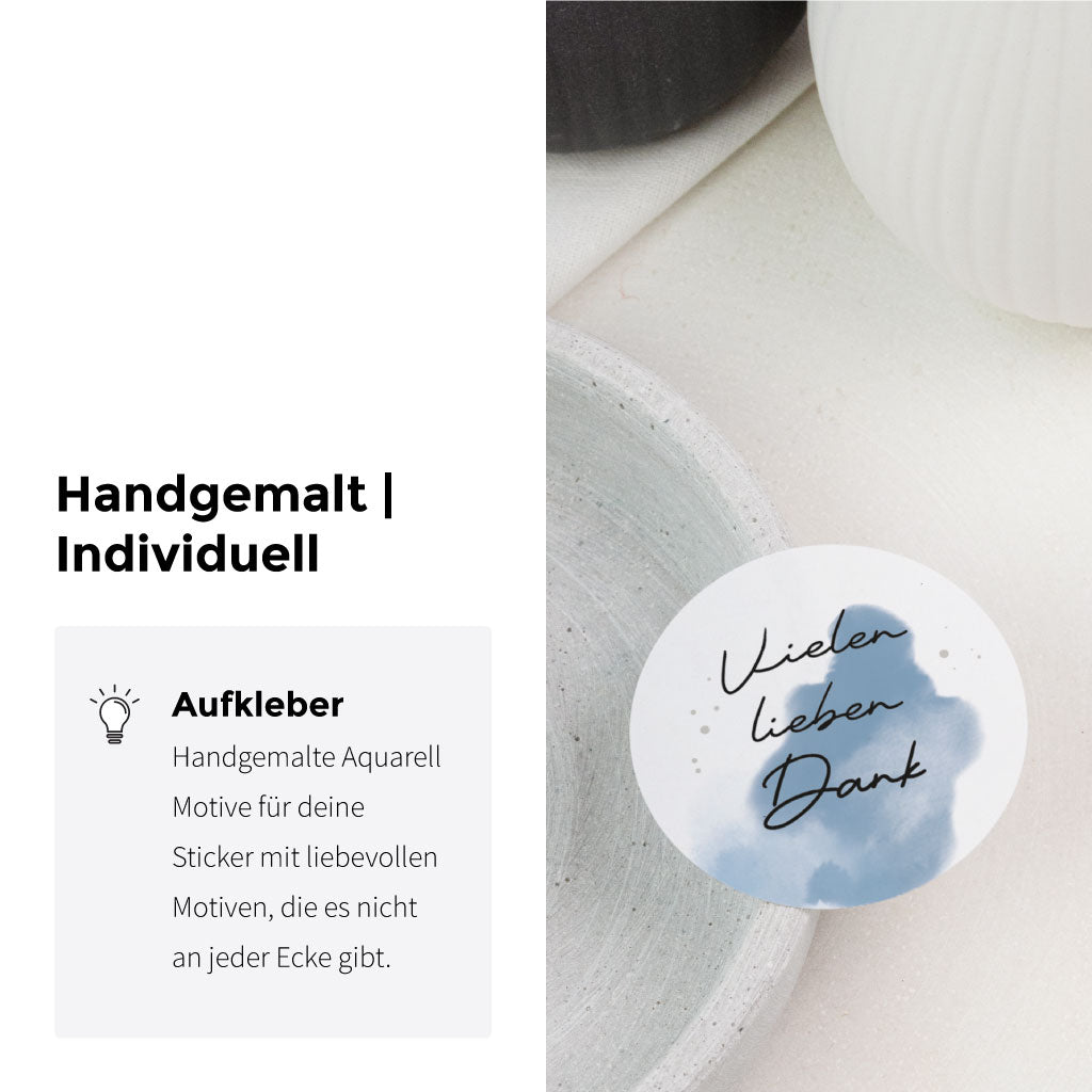 Stickerbogen mit runden Vielen lieben Dank Aufklebern – handgemaltes Motiv für Gastgeschenke und liebevolle Geschenkverpackung