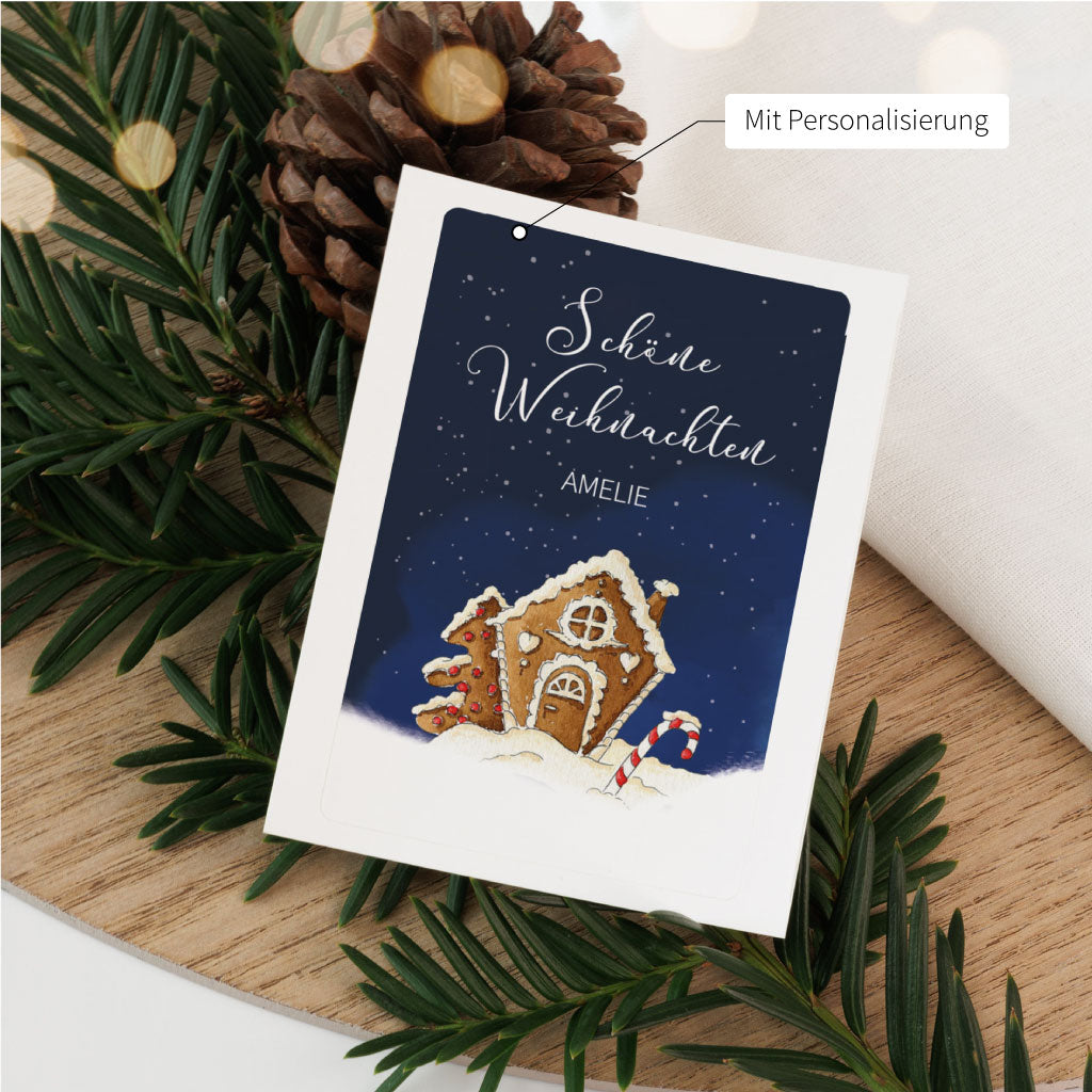 Sticker für Grablichter zu Weihnachten mit dem Text „Schöne Weihnachten“ und einem personalisierbaren Namensfeld, gestaltet mit winterlichem Aquarellmotiv.