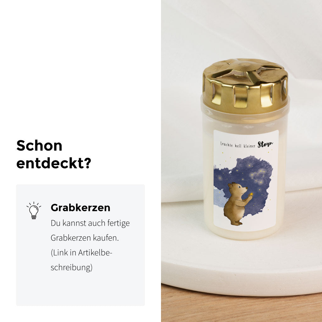 Es gibt auch komplett fertige Grabkerzen mit dem Motiv