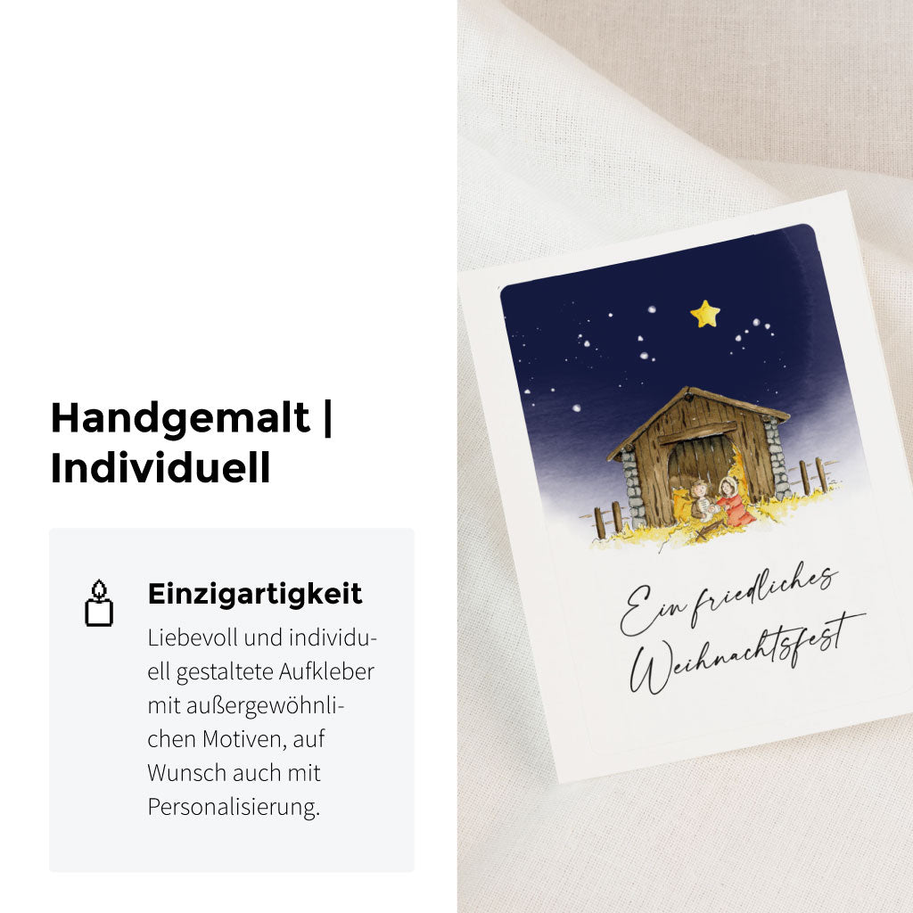 Aufkleber mit individueller Weihnachtskrippe als Aquarellmotiv, zeigt Maria, Josef und das Jesuskind im Stall – ideal als Sticker für Grabkerzen zu Weihnachten oder zum Gedenken an Sternenkinder.