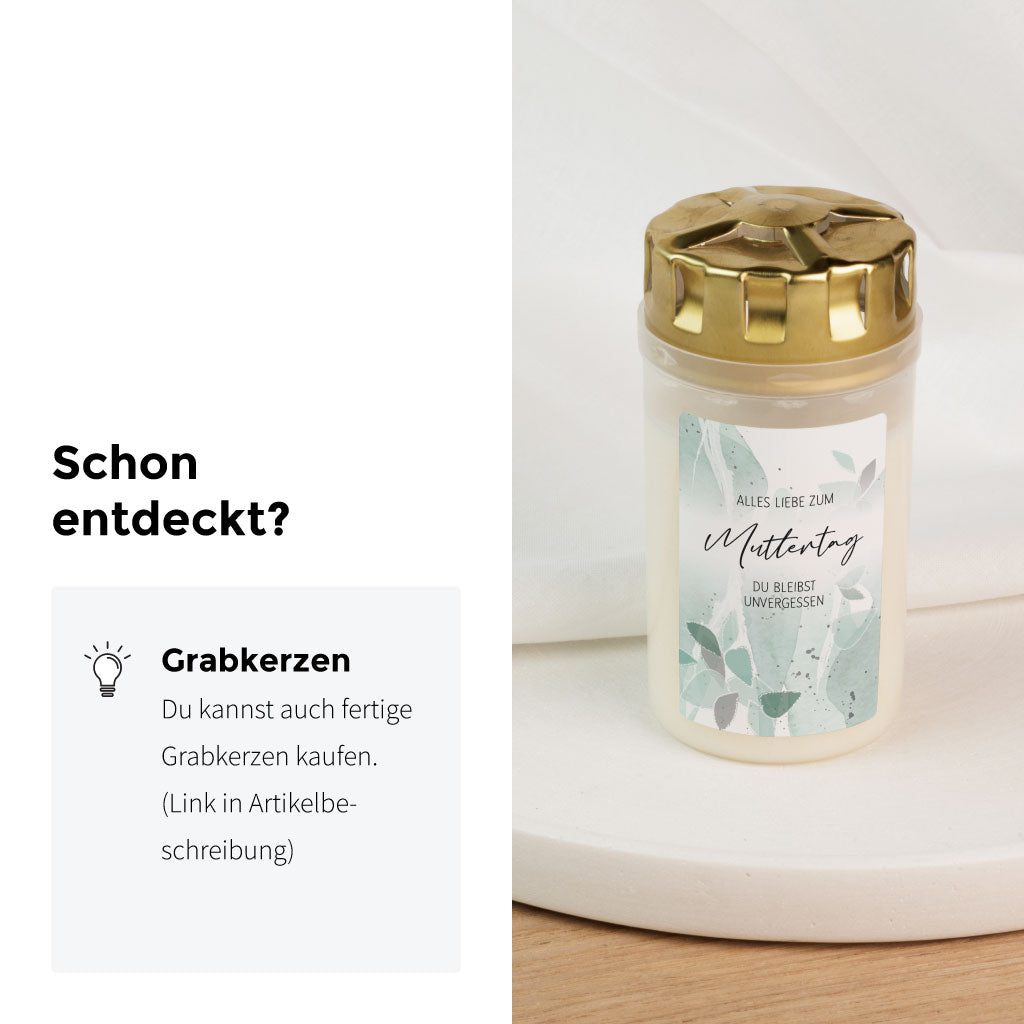 Die Aufkleber gibt es auch fertig auf Grablichtern aufgeklebt
