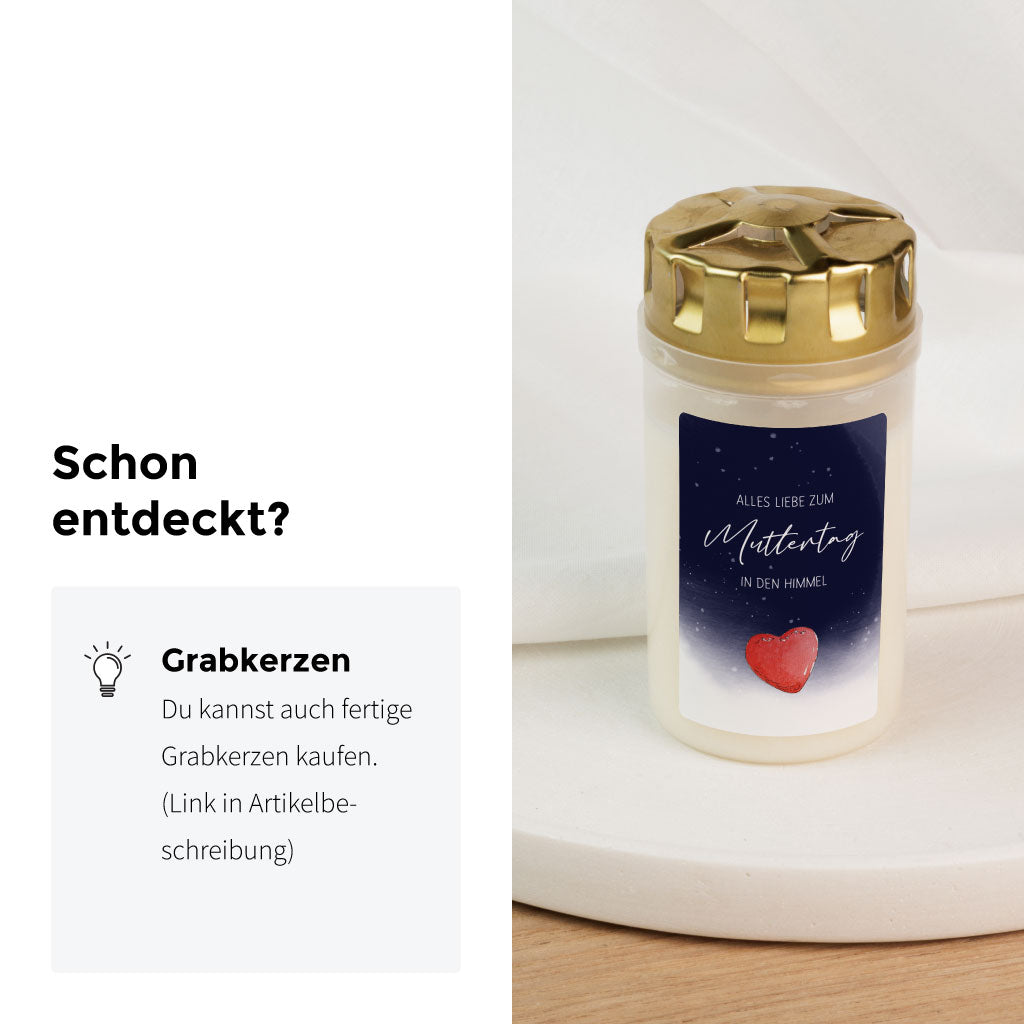 Die Aufkleber gibt es auch fertig auf Grablichtern aufgeklebt