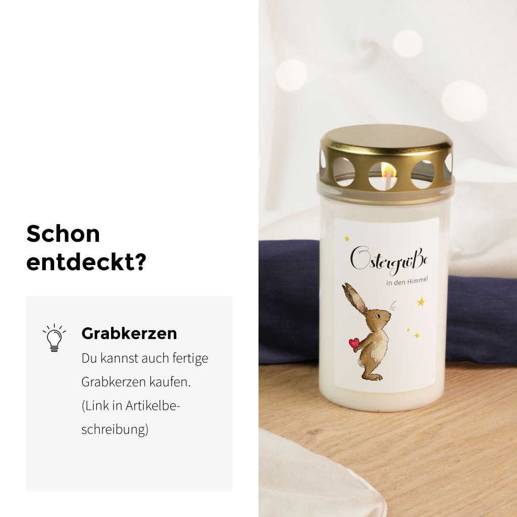 Die Aufkleber gibt es auch fertig auf Grablichtern aufgeklebt
