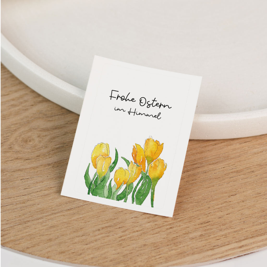 Sticker für Grablicht mit Frühlingsblumen Motiv und Aufdruck "Frohe Ostern im Himmel"