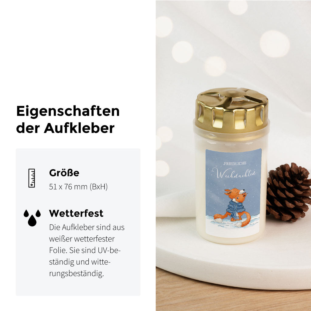 51×76 mm wetterfester Aufkleber für Grabkerze/Grablicht, Motiv zwei Füchse im Schnee – ideal für Weihnachten und Advent.