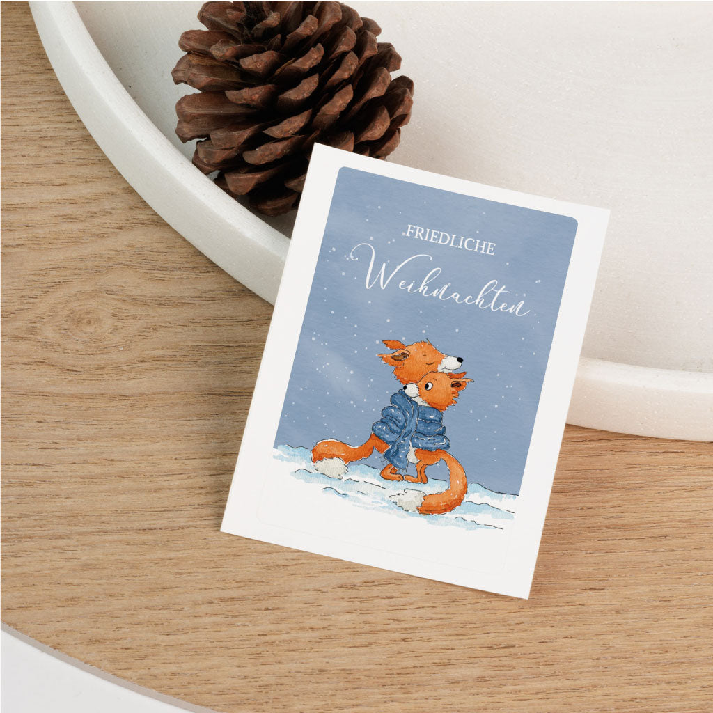 Sticker (Sicker) für Grabkerzen: zwei Füchse im Winter, Friedliche Weihnachten – sanftes Andenken für Sternenkinder und stille Weihnachten.