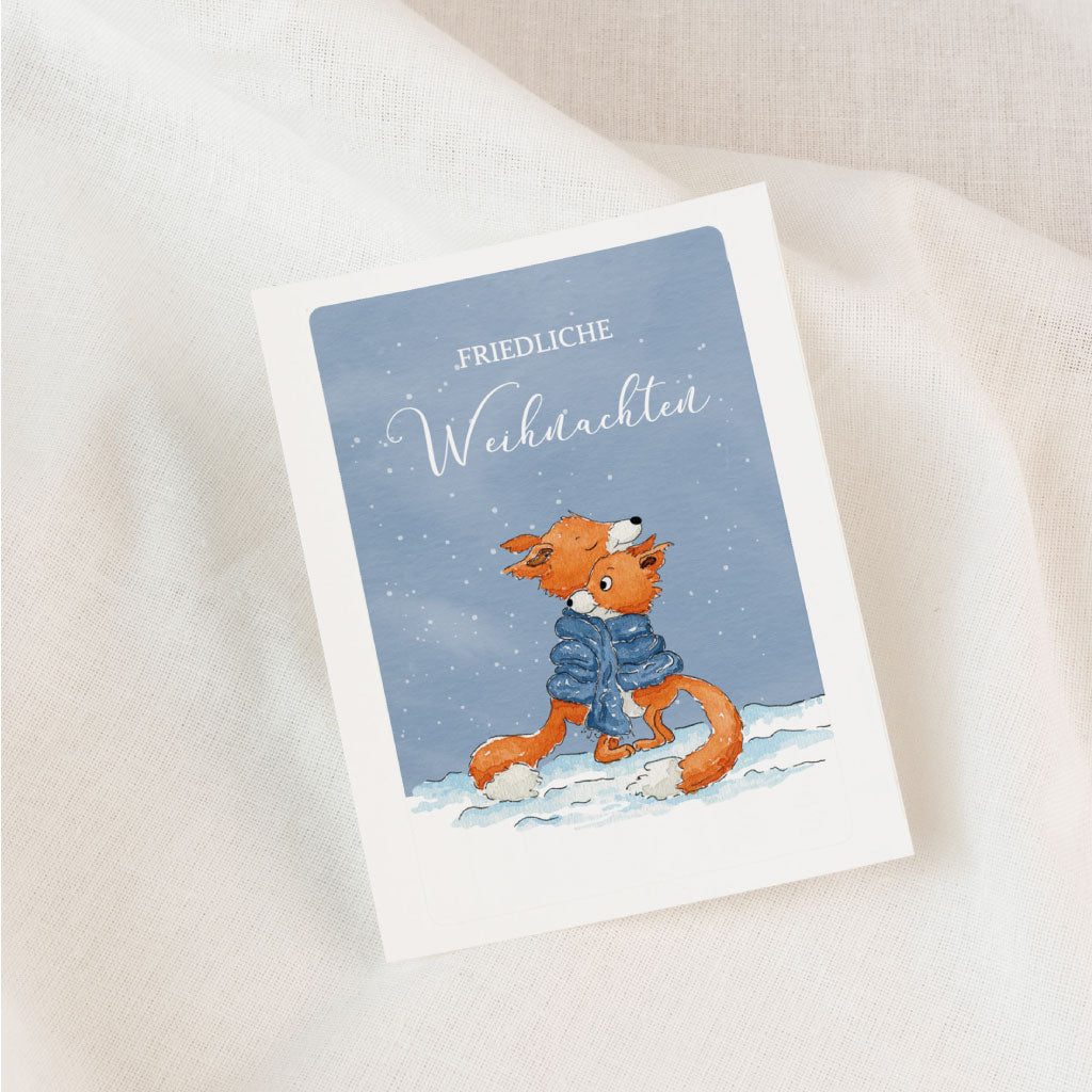 Aufkleber für Grablicht: Fuchs-Motiv im Schnee mit Schriftzug "Friedliche Weihnachten" – stimmungsvolles Design für Advent und Weihnachten.