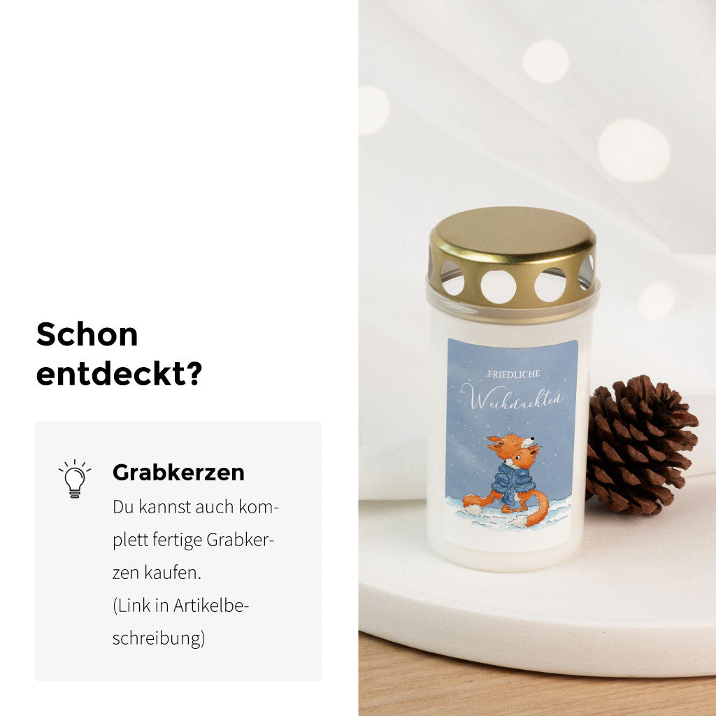 Fertige Grabkerze mit Aufkleber Friedliche Weihnachten, Füchse im Schnee – als Andenken/Trauergeschenk für Weihnachten und Advent erhältlich.