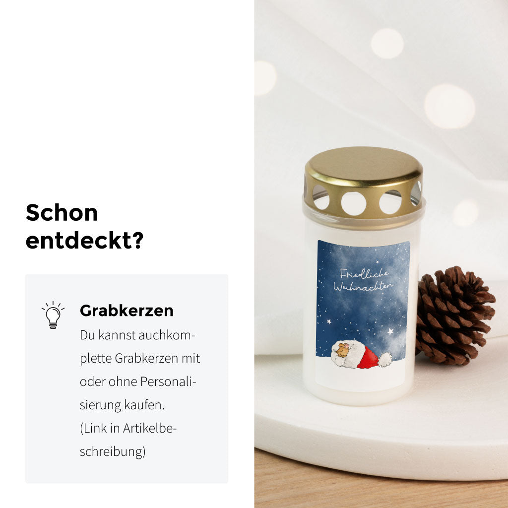 Du kannst auch fertig beklebte Grabkerzen kaufen