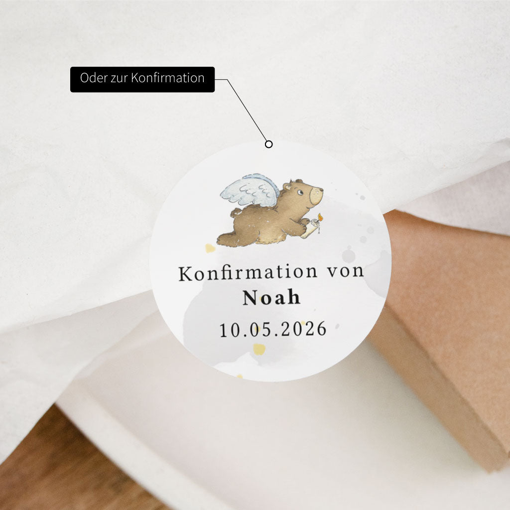 Personalisierter Sticker zur Konfirmation mit handgemaltem Motiv, Name und Datum als Deko für die Feier