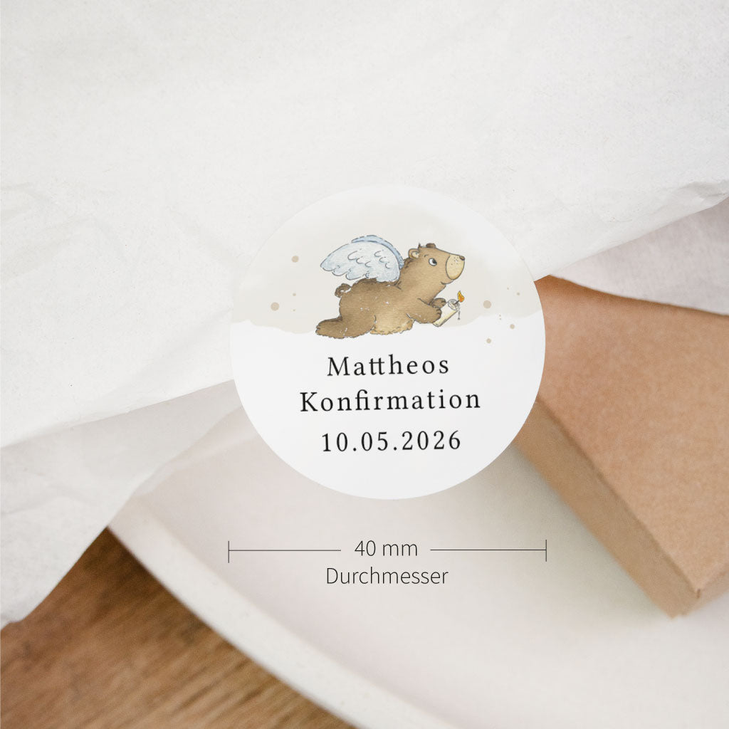 Personalisierter Sticker zur Konfirmation mit handgemaltem Motiv, Name und Datum, 40 mm Durchmesser