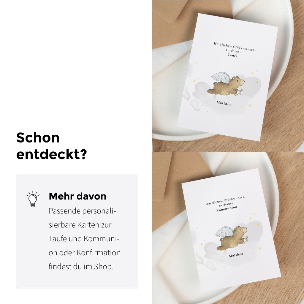 Passende Karten und Papeterie mit handgemaltem Motiv für Taufe, Kommunion und Konfirmation im gleichen Design