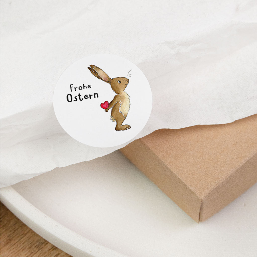 Ostern Sticker mit handgemaltem Aquarell-Osterhase und „Frohe Ostern“, süßer Aufkleber für Ostergeschenk Verpackung und Dekoration