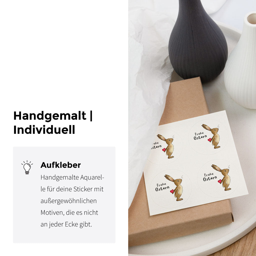Stickerbogen mit runden Ostern Aufklebern, handgemaltes Aquarell Motiv Osterhase „Frohe Ostern“ für Ostergeschenk Verpackung und Dekoration