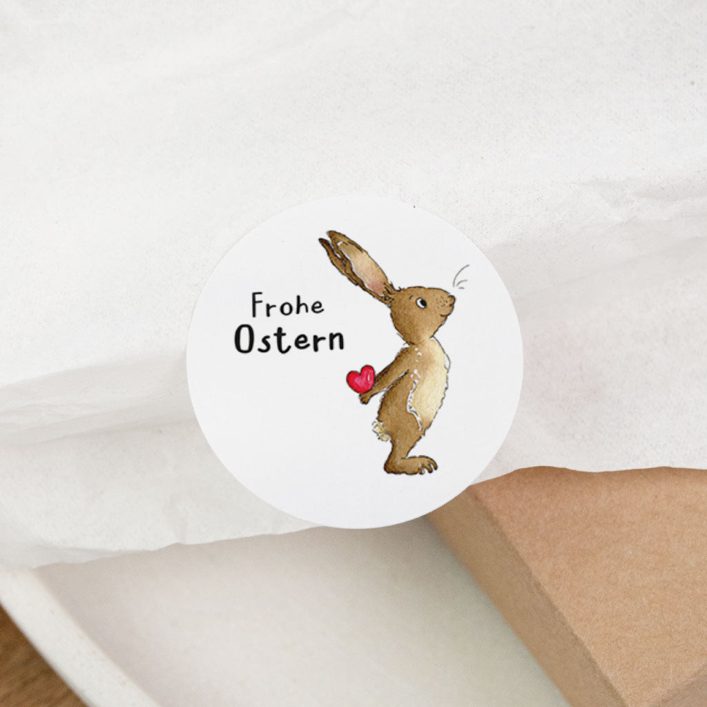 Runder Ostern Aufkleber „Frohe Ostern“ mit handgemaltem Aquarell-Osterhase, süßer Sticker als Dekoration für Ostergeschenk Verpackung