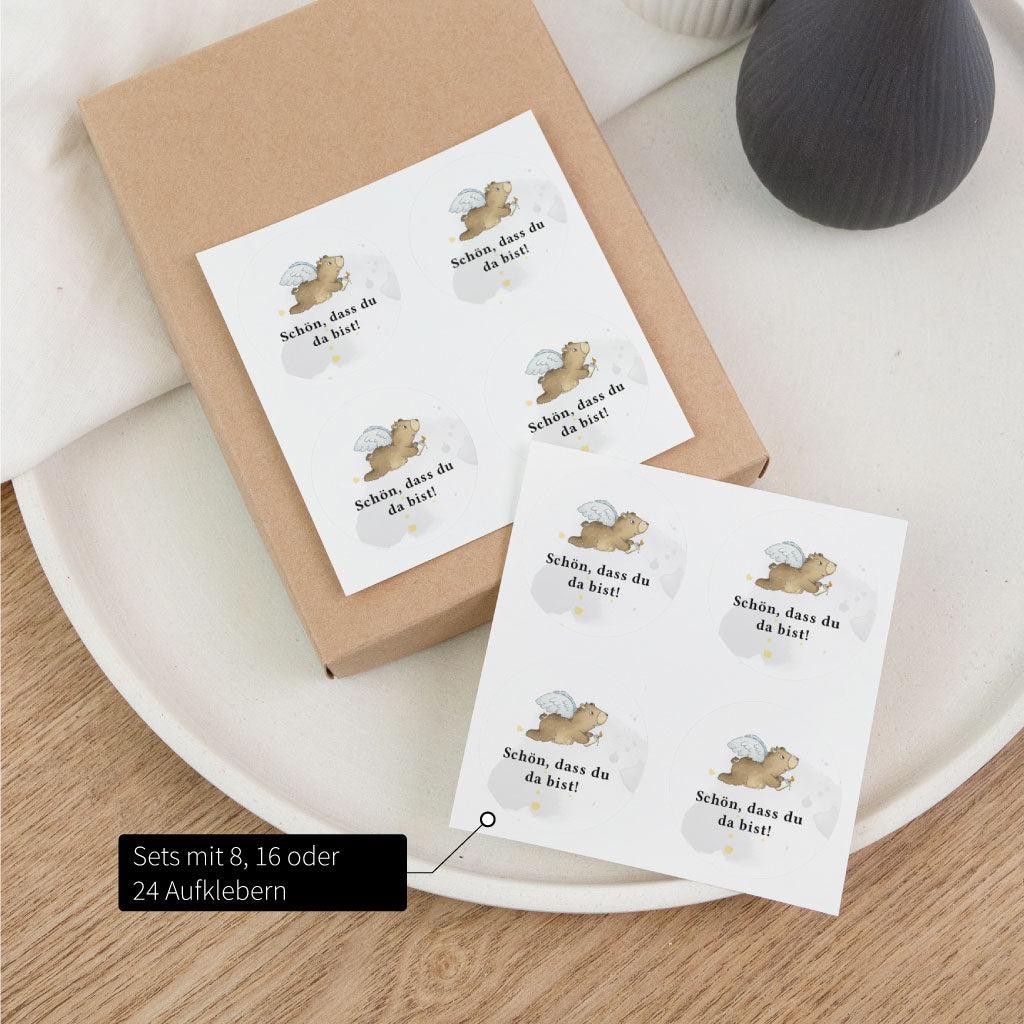 Sticker Sets mit 8, 16 oder 24 Aufklebern für Taufe, Kommunion oder Konfirmation mit Text Schön, dass du da bist