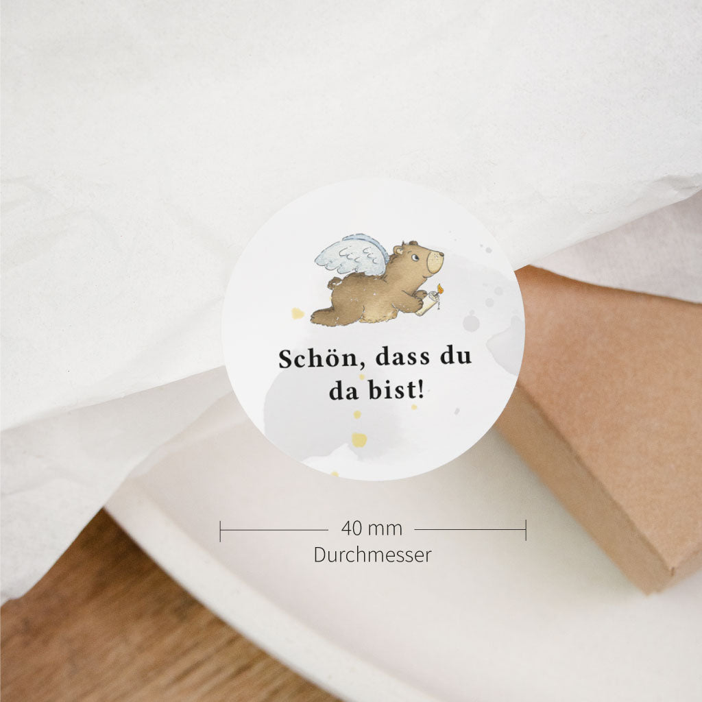 Runder Aufkleber mit 40 mm Durchmesser für Taufe, Kommunion oder Konfirmation mit Engel-Bär Motiv