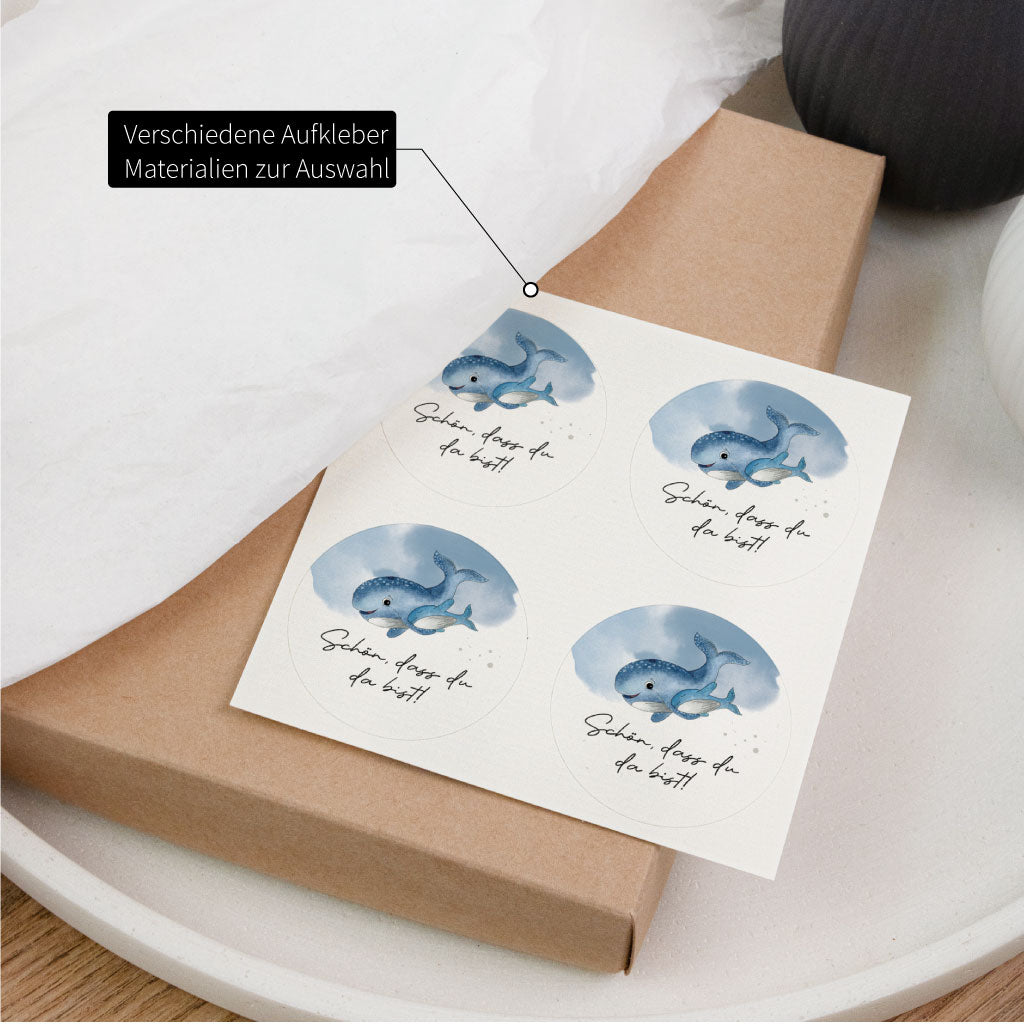 Runde Aufkleber mit Wal Illustration – Sticker für Gastgeschenke, Tischdeko oder Geschenkverpackung für Taufe, Geburtstag oder Babyparty