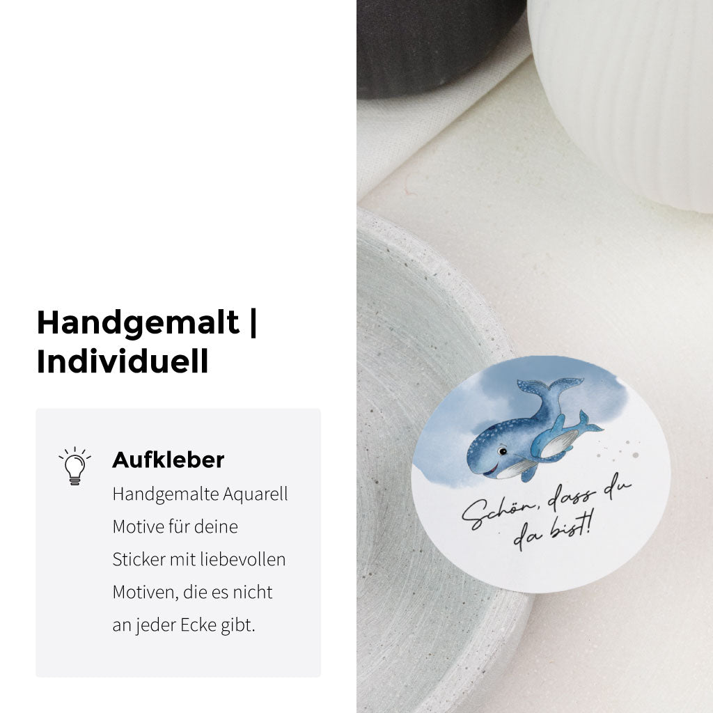 Set mit Aufklebern für Gastgeschenke – handgemalte Wal-Sticker „Schön, dass du da bist“ für Geschenkverpackung und Willkommensdeko