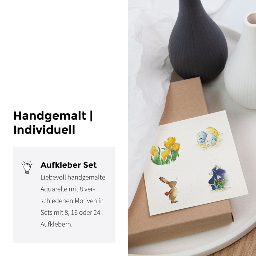 Produktgrafik zum Aufkleber Set Ostern: runde Aufkleber im Set zu 8, 16 oder 24 Stück mit 8 verschiedenen Motiven, alles handgemalte Aquarelle.