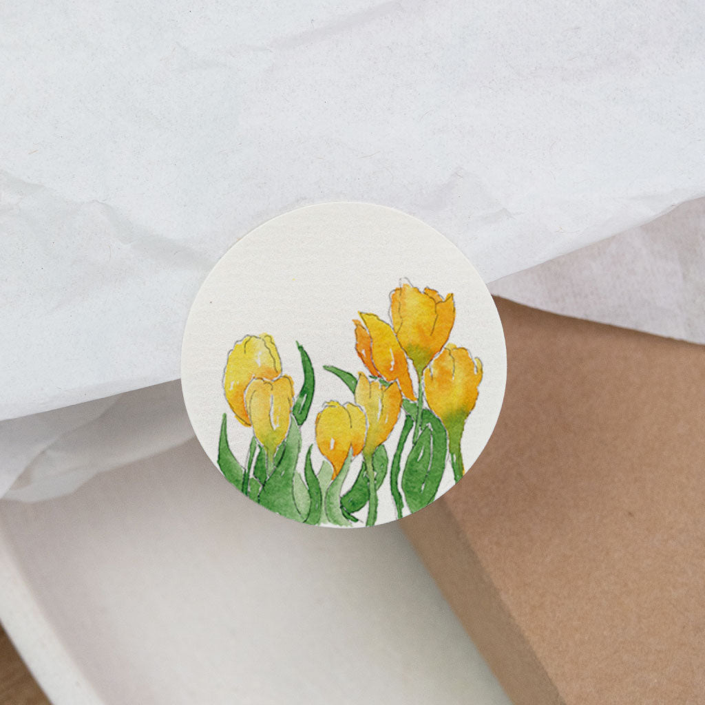Runder Tulpen-Sticker als handgemaltes Aquarell, Frühlingsblumen Motiv zum Dekorieren und DIY Geschenke verschönern.