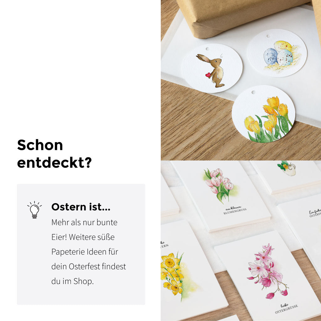 Inspiration für Ostergeschenke: runde Aquarell-Anhänger und Kartenmotive mit Osterhase, Ostereiern und Frühlingsblumen, DIY Geschenke verschönern und dekorieren.