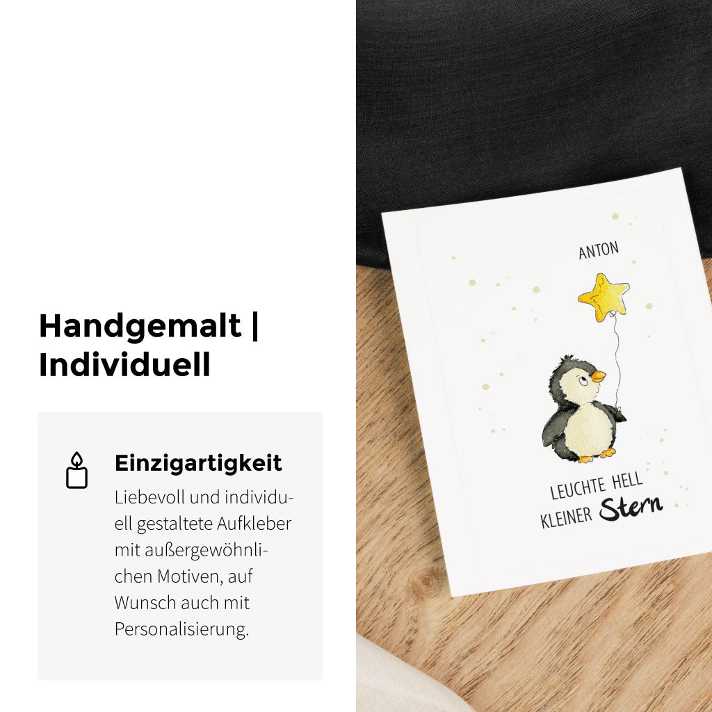 Handgemaltes Aquarell Motiv mit kleinem Pinguin und Luftballon