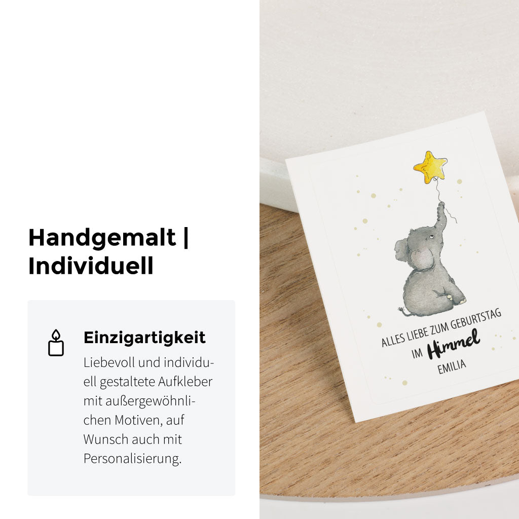 Handgemaltes Aquarell Motiv mit Elefant und Luftballon in Stern Form