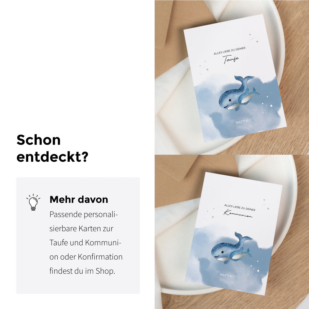 Passende Karten mit Walmotiv zur Taufe oder Kommunion als Ergänzung zum personalisierten Aufkleber – harmonisch kombinierbar mit Einladungen, Sticker und Mitgebsel.