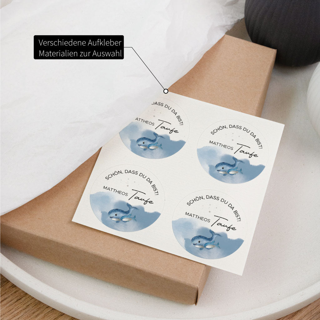 Personalisierte Aufkleber Taufe mit handgemaltem Walmotiv auf Stickerbogen für Gastgeschenke, Mitgebsel und Willkommensgeschenke