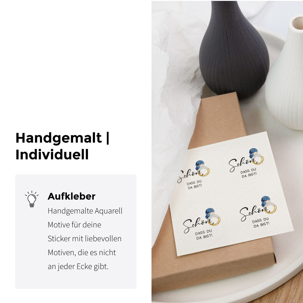 Aufkleber zur Taufe auf Stickerbogen mit handgemaltem Walmotiv, dekorativ für Gastgeschenke, Willkommenstisch und Feierdekoration