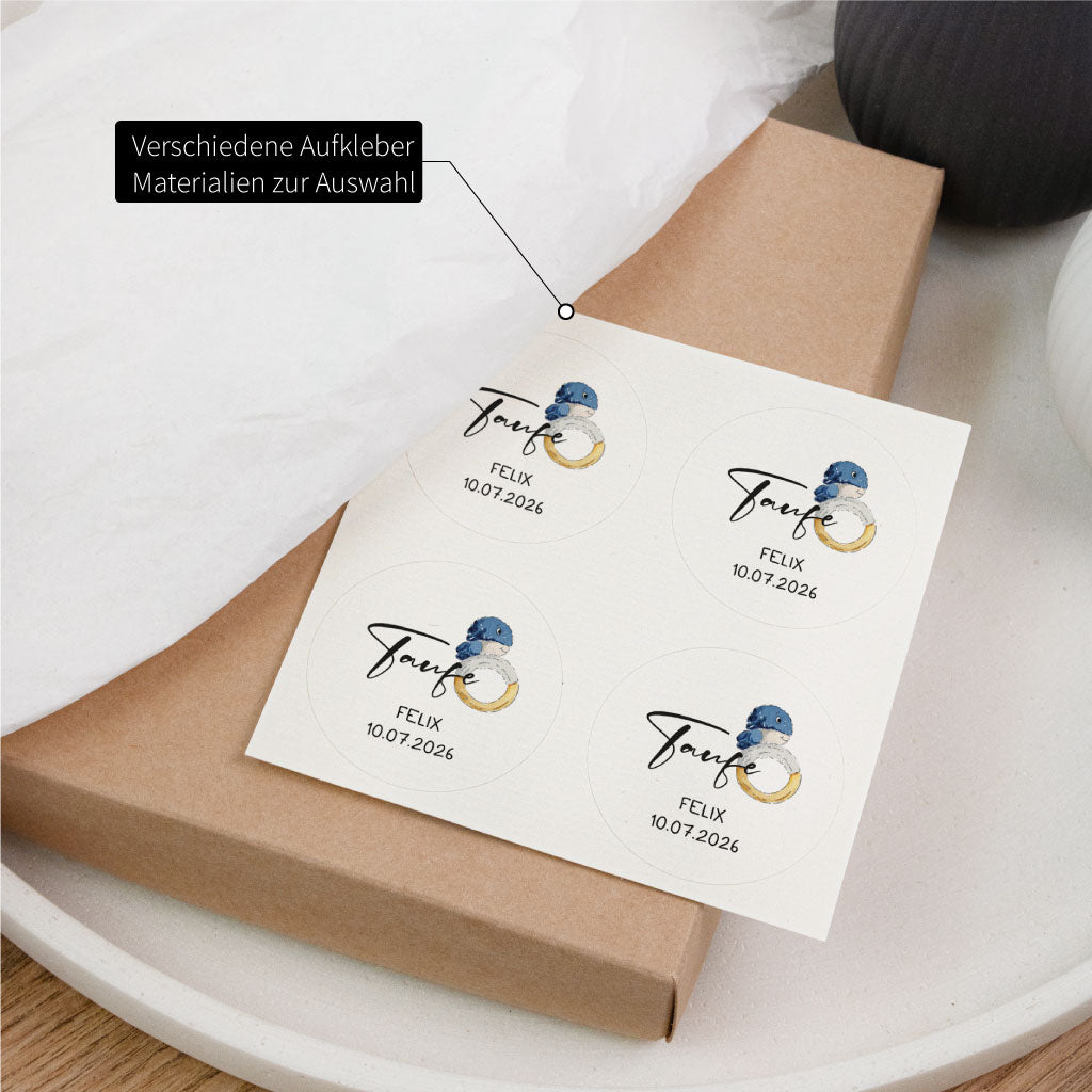 Personalisierte Sticker zur Taufe auf einem Bogen, verschiedene Aufkleber Materialien zur Auswahl für individuelle Papeterie