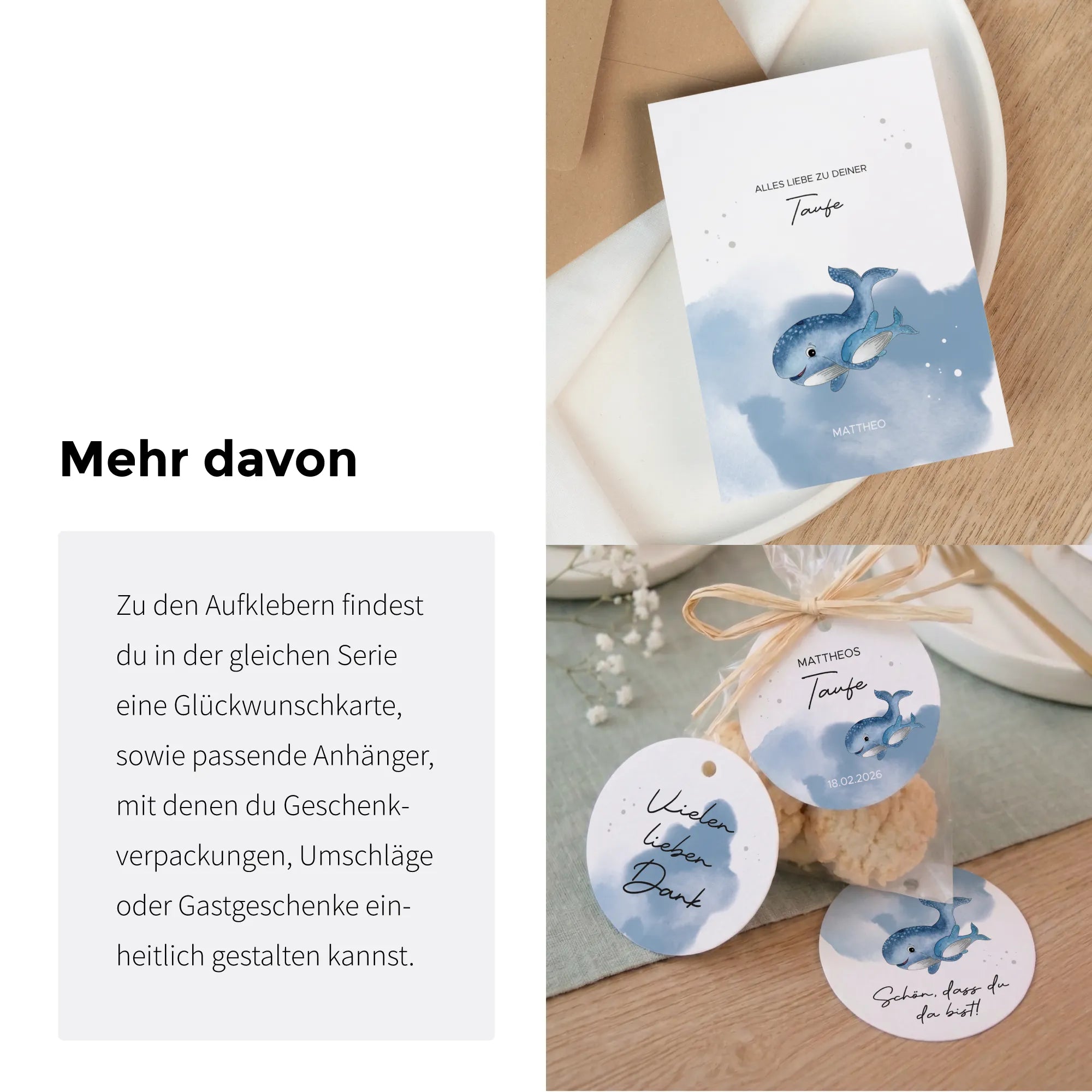 Passende Papeterie zur Taufe mit Aquarell Motiv Wal: Aufkleber, Anhänger und Glückwunschkarte als Serie für Gastgeschenke