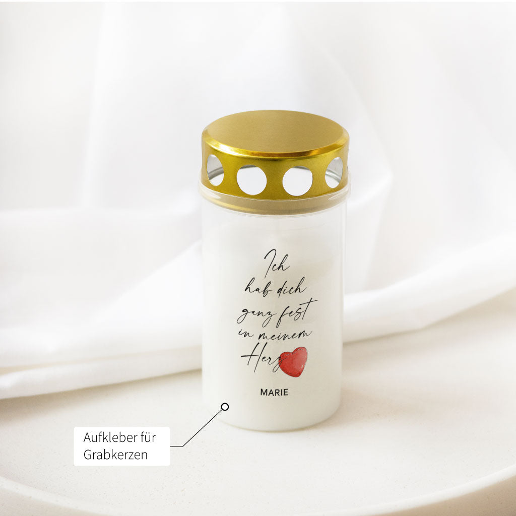 Grabkerze mit personalisierbarem Aufkleber und Aquarell-Herz – wetterfester Folienaufkleber mit emotionalem Trauerspruch, perfekt als Geschenk zum Valentinstag oder Muttertag.