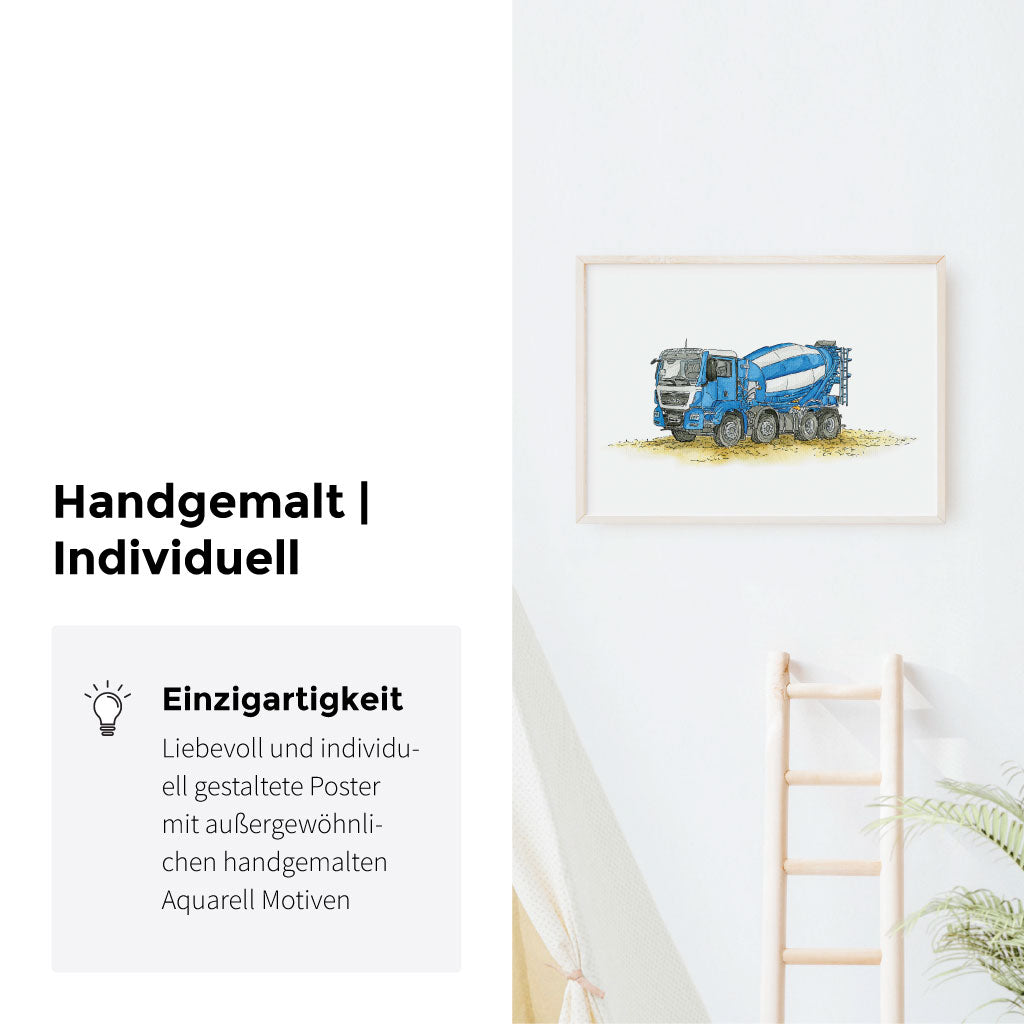 Baustellen Poster in weißem Holzrahmen in Kinderzimmer