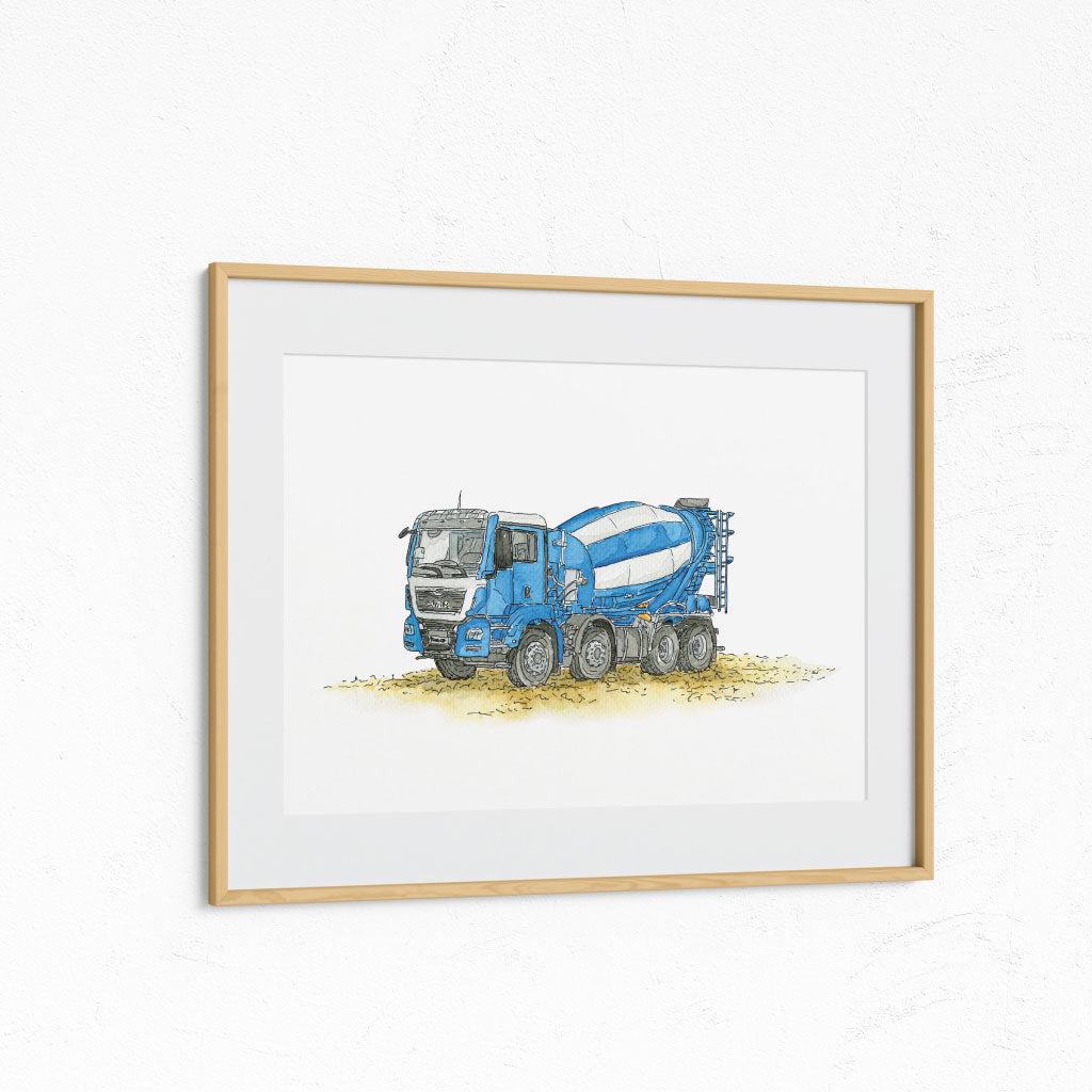 Kinderbild Betonmischer mit weißem Passepartout in Eichenholz Rahmen