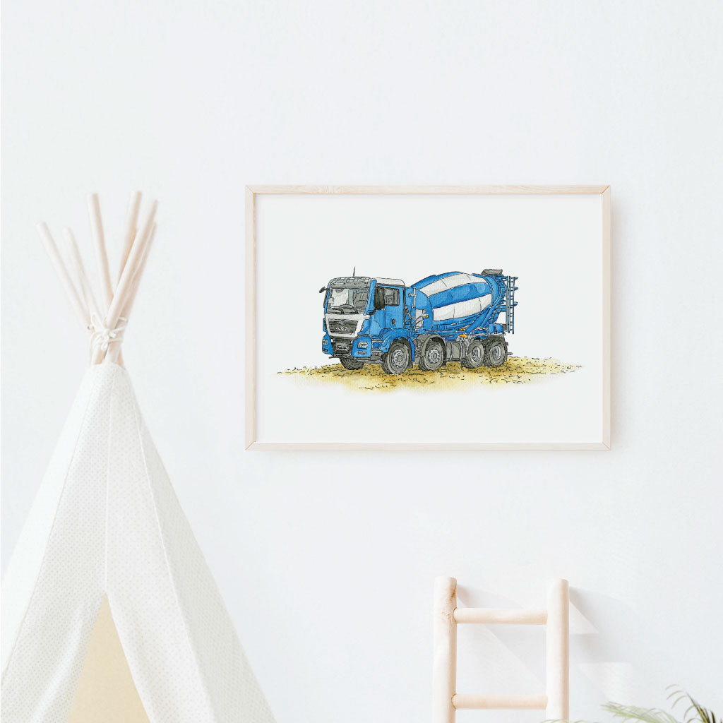 Bild hängt in Kinderzimmer an Wand als Dekoration für Baustellen Fans