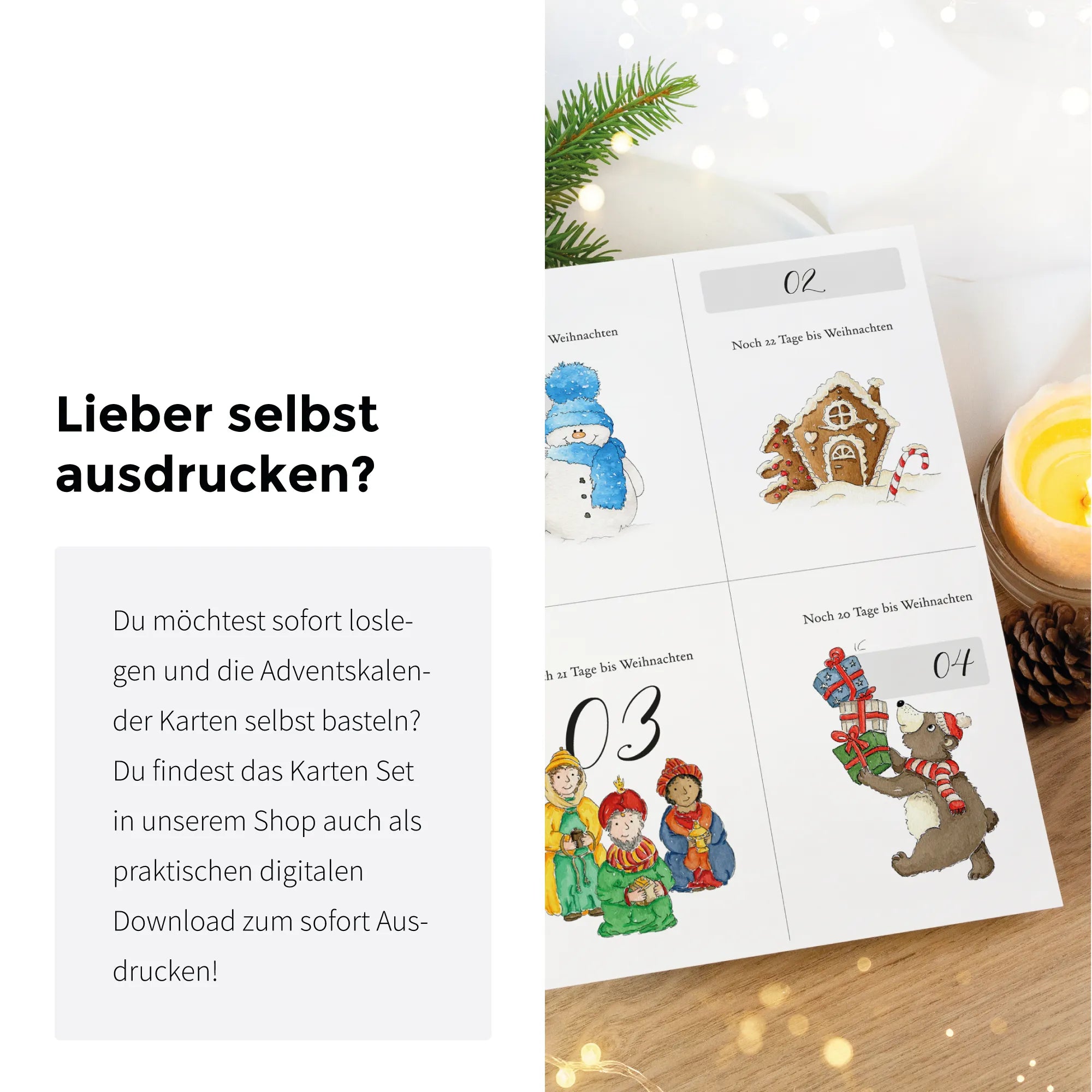Adventskalender Karten zum selbst Ausdrucken als praktischer digitaler Download.