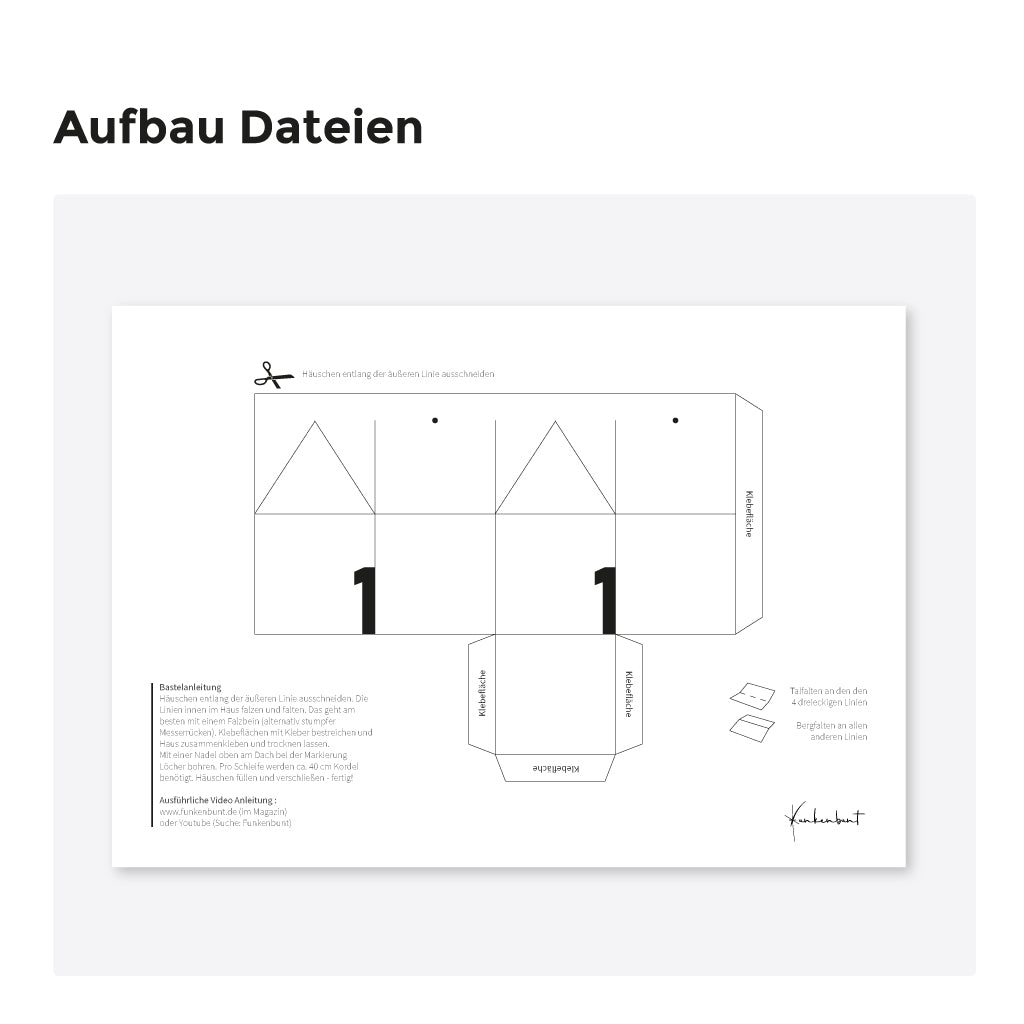 PDF-Bastelvorlage für ein Adventskalender Häuschen mit Anleitung – kreative DIY Idee als digitale Datei.
