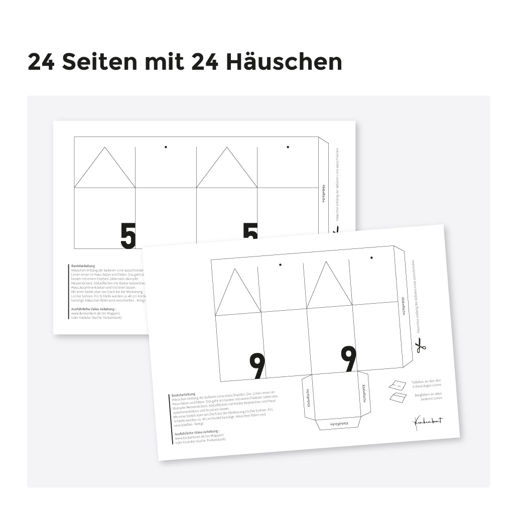 24 Seiten PDF-Vorlagen für Adventskalender Häuschen – ideales Bastelset zum Ausdrucken und Gestalten.