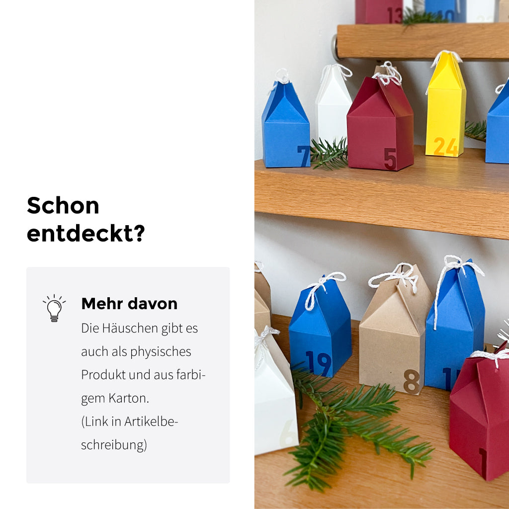 Adventskalender Häuschen in verschiedenen Farben – das Bastelset ist auch als digitale PDF-Vorlage erhältlich.