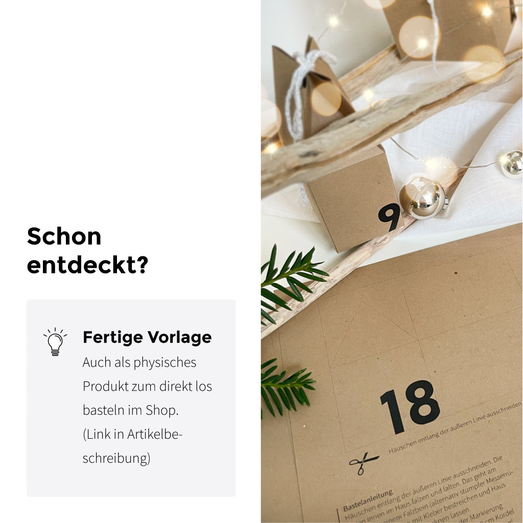 Digitale Bastelvorlage für Adventskalender Häuser mit Anleitung – direkt als PDF Download zum Ausdrucken im Shop verfügbar.