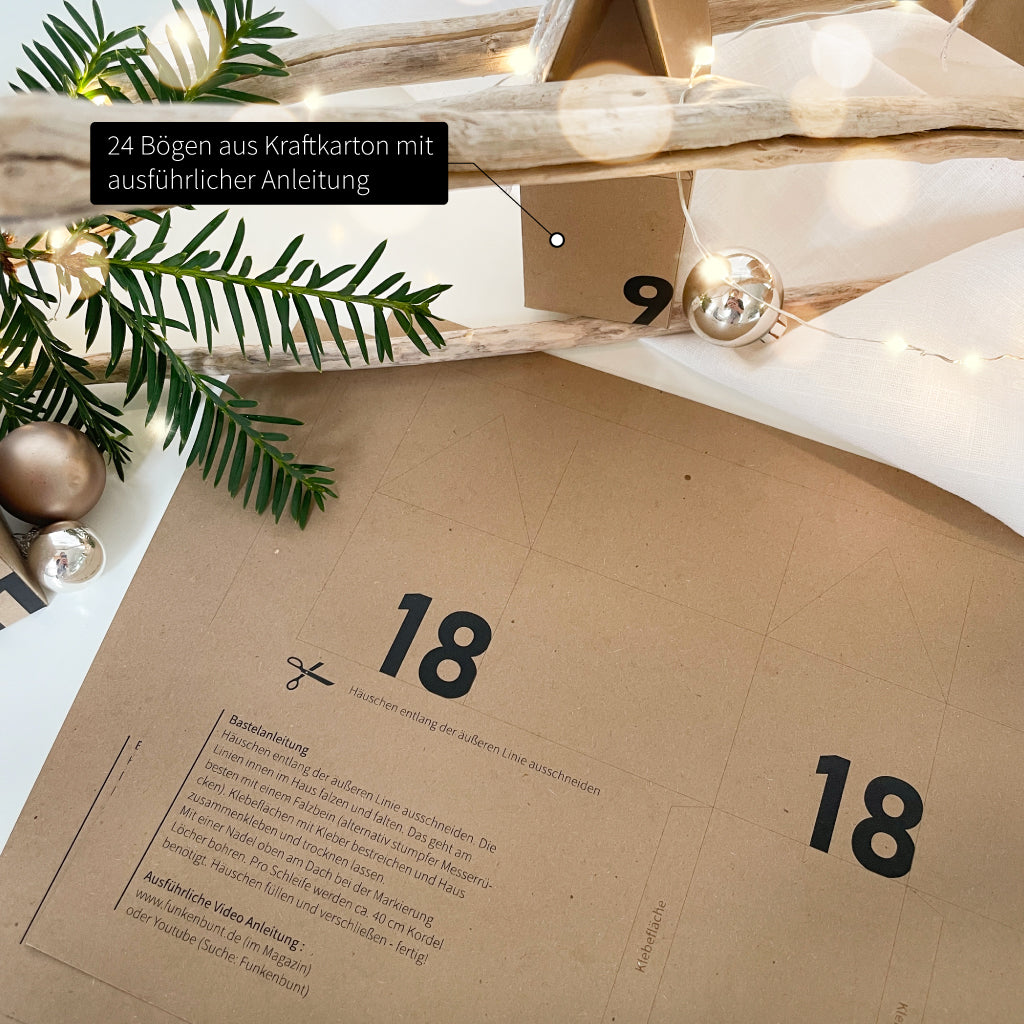 Bastelset mit vorgestanzten Bögen aus Kraftkarton zum Falten und Kleben von Adventskalender Häuschen mit Anleitung.