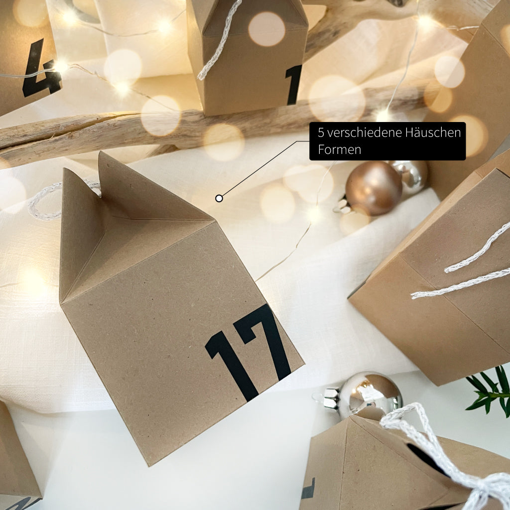 DIY Adventskalender mit 5 verschiedenen Häuschen Formen zum Selberbasteln – kreative Geschenkidee für die Weihnachtszeit.