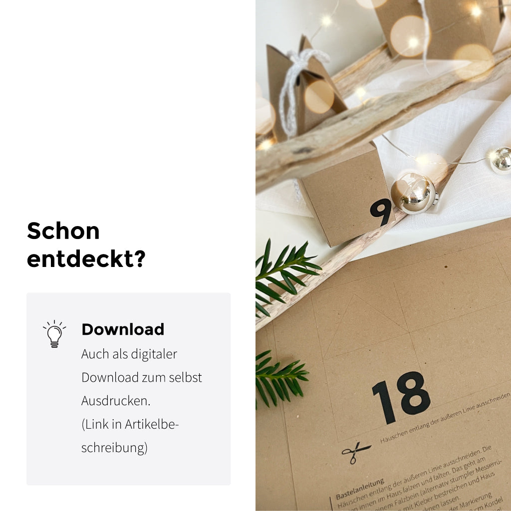 Adventskalender Häuschen Bastelset als PDF-Download zum Selbstausdrucken und Gestalten – ideal für kreative DIY-Projekte.
