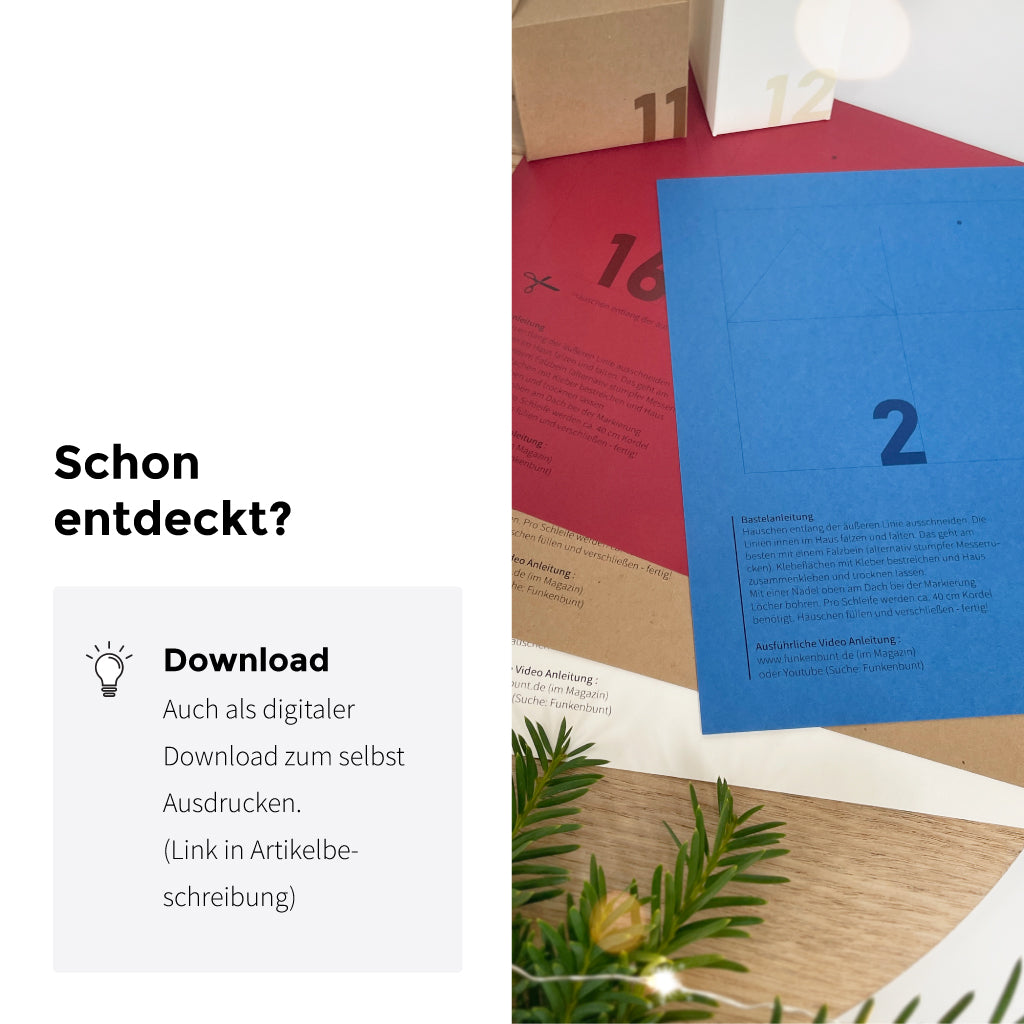 Bastelset für Adventskalender-Häuschen mit farbig bedruckten Bastelbögen, inklusive Anleitung – auch als digitaler Download zum Selbstausdrucken erhältlich.