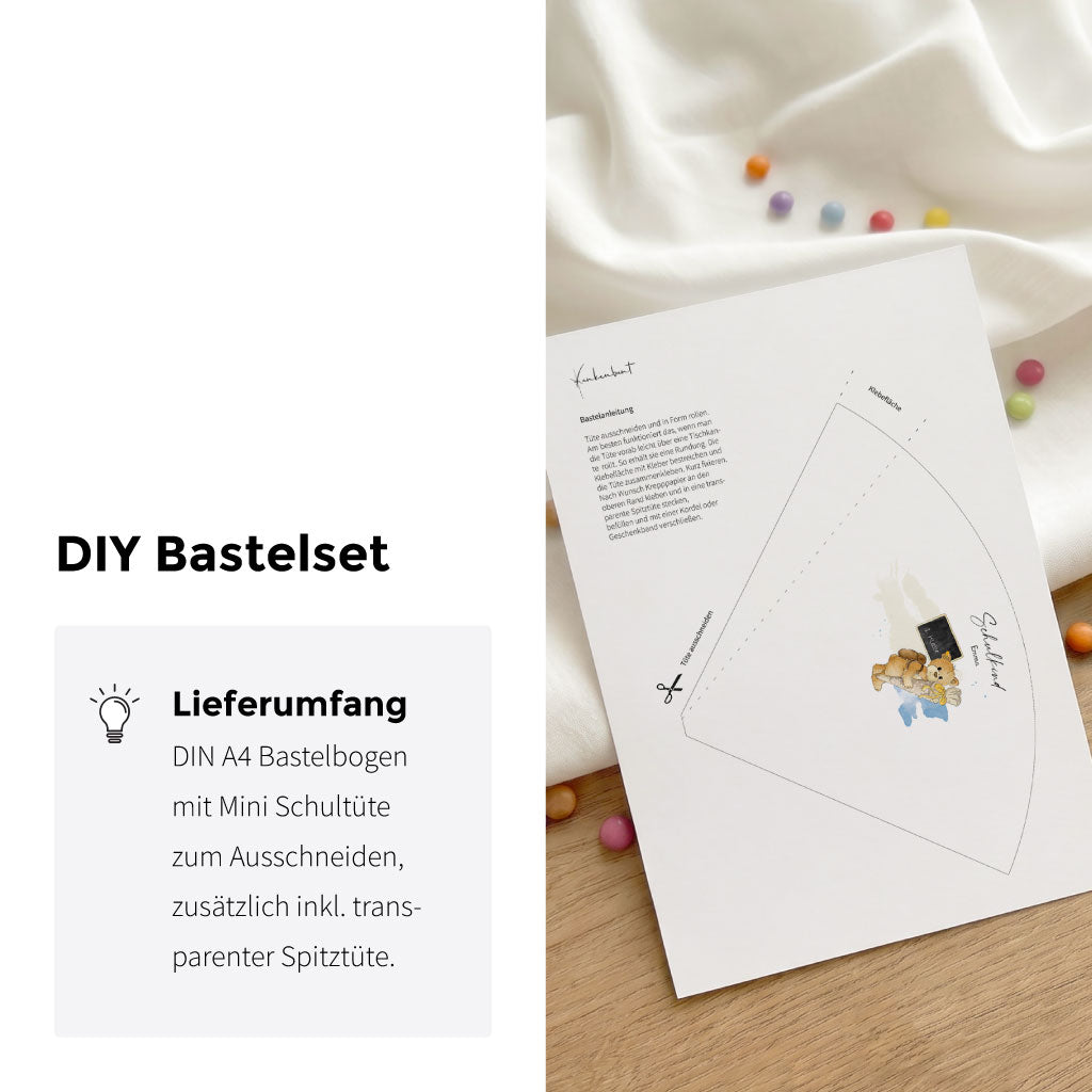 Bastelset für eine Mini Schultüte inklusive Bastelbogen zum Ausschneiden und Teddy Aquarell Motiv für kreativen Schulstart.