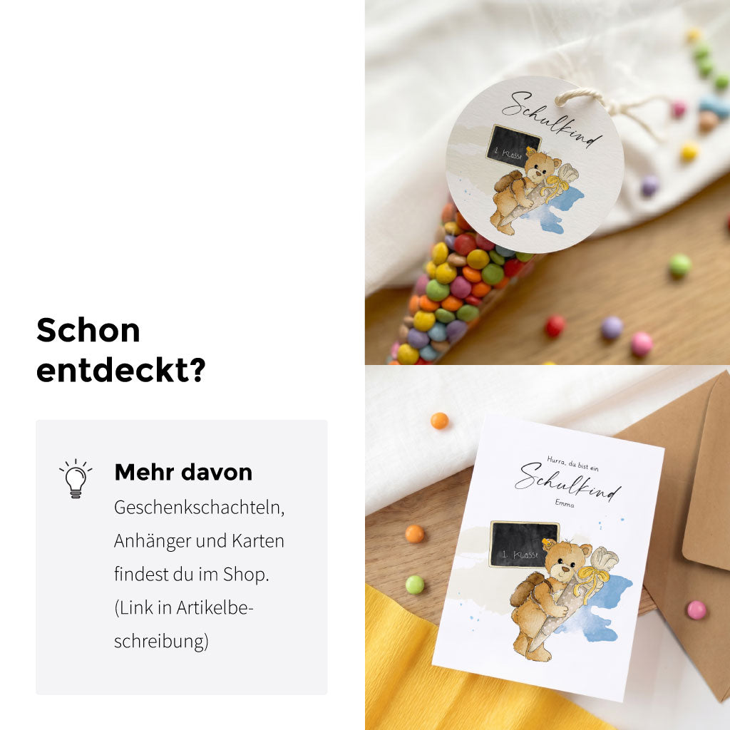 Gefüllte Mini Schultüte mit bunten Linsen und Anhänger sowie eine passende Grußkarte mit Teddy Aquarell Motiv.